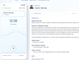 DeepScribe app showing voice recording and AI-generated clinical notes for patient consultation.
